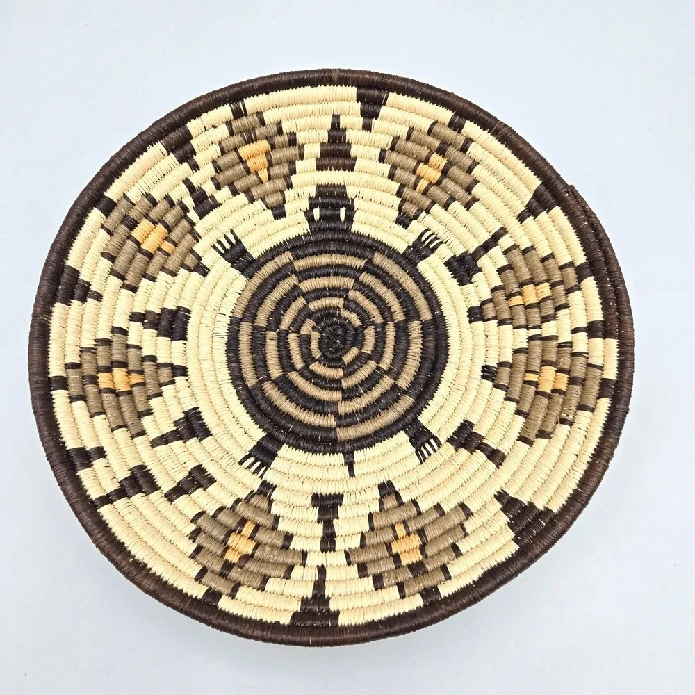 Handwoven Coiled Basket Bowl Geometric Turtle Brown‎ Cream Southwest Style 9.75